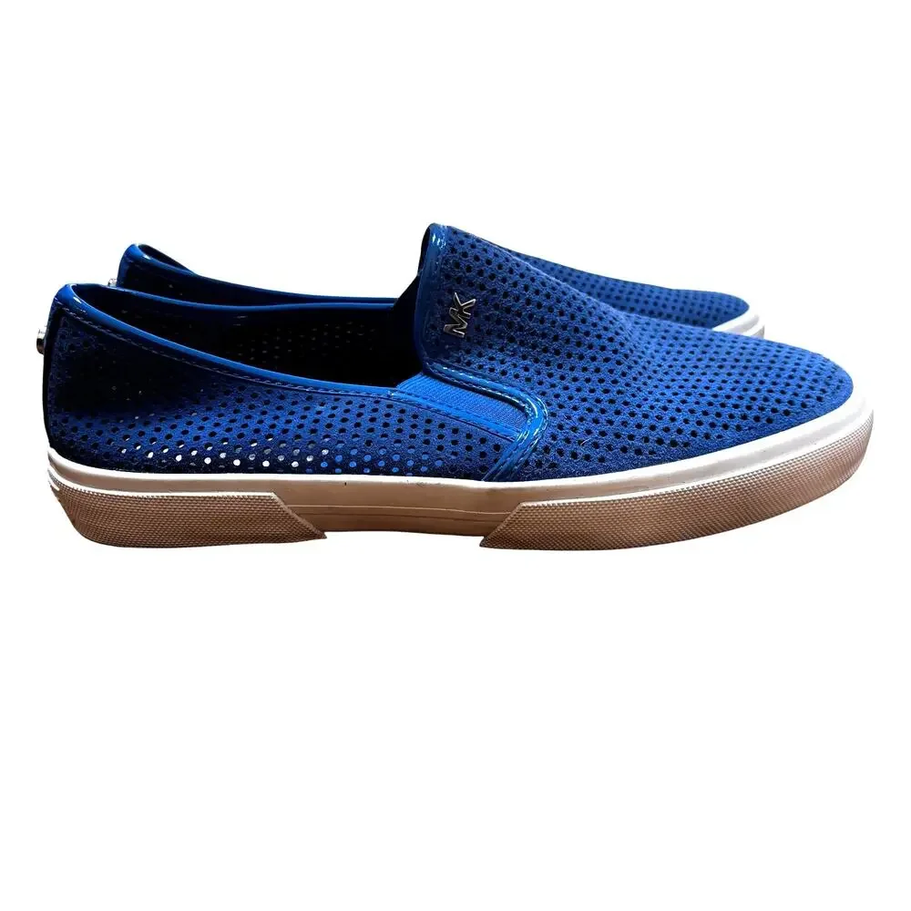 Michael Kors ladies US 7M slip on sneakers royal blue laser cut suede leather